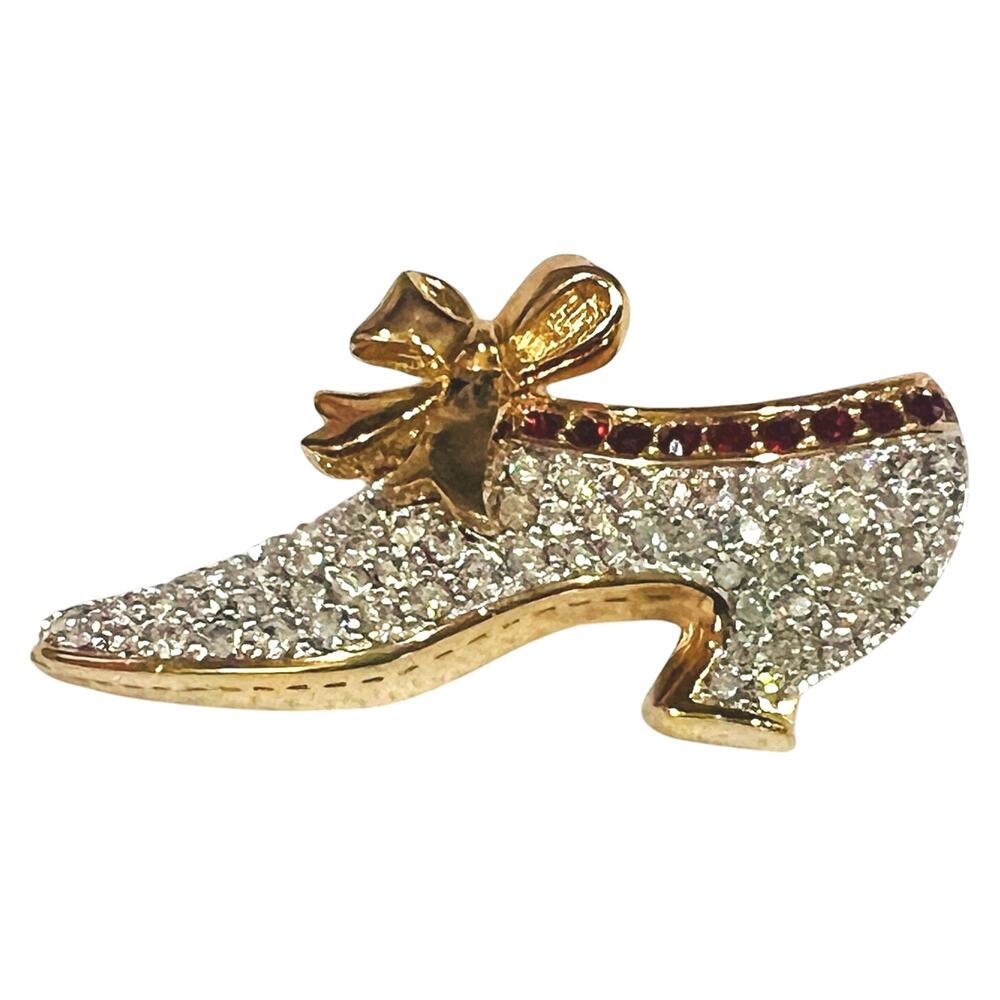 Swarovski Crystal Clear & Red Rhinestone Gold Shoe Brooch Pin